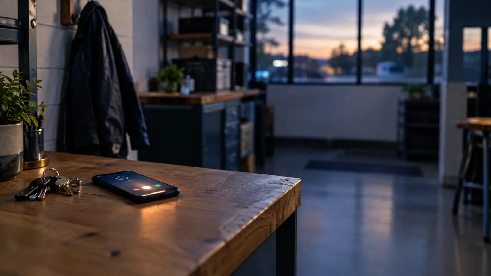 A phone lighting up on a workbench in an empty workshop after closing time