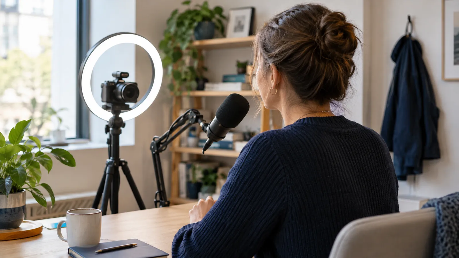 A small business owner seen from behind, facing a camera and microphone in a simple home recording setup