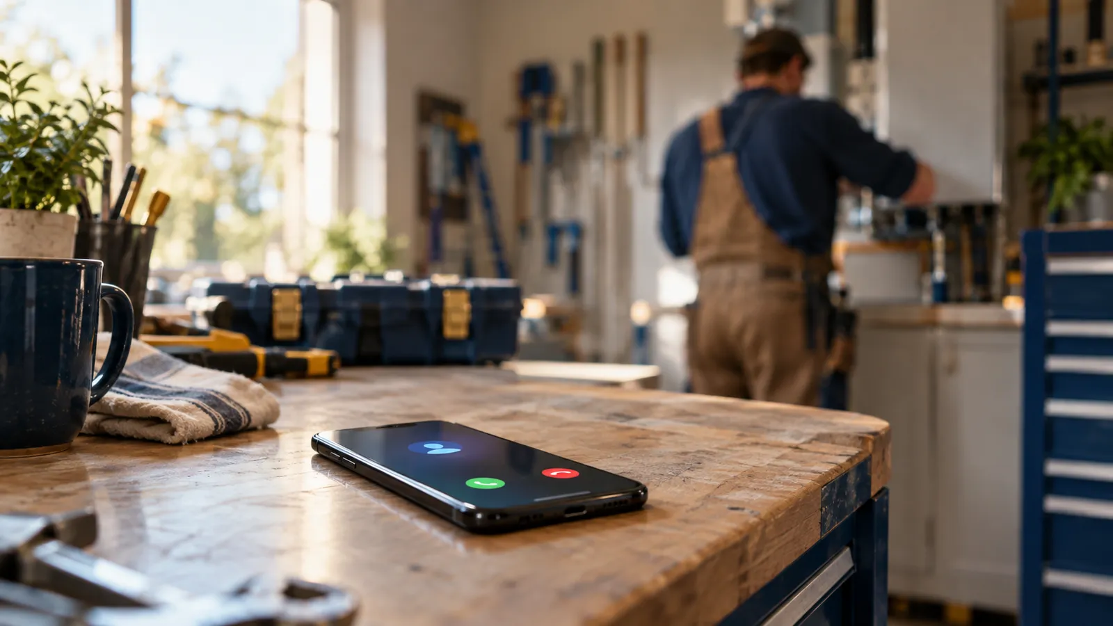 A phone ringing on a workbench while its owner is busy across the room