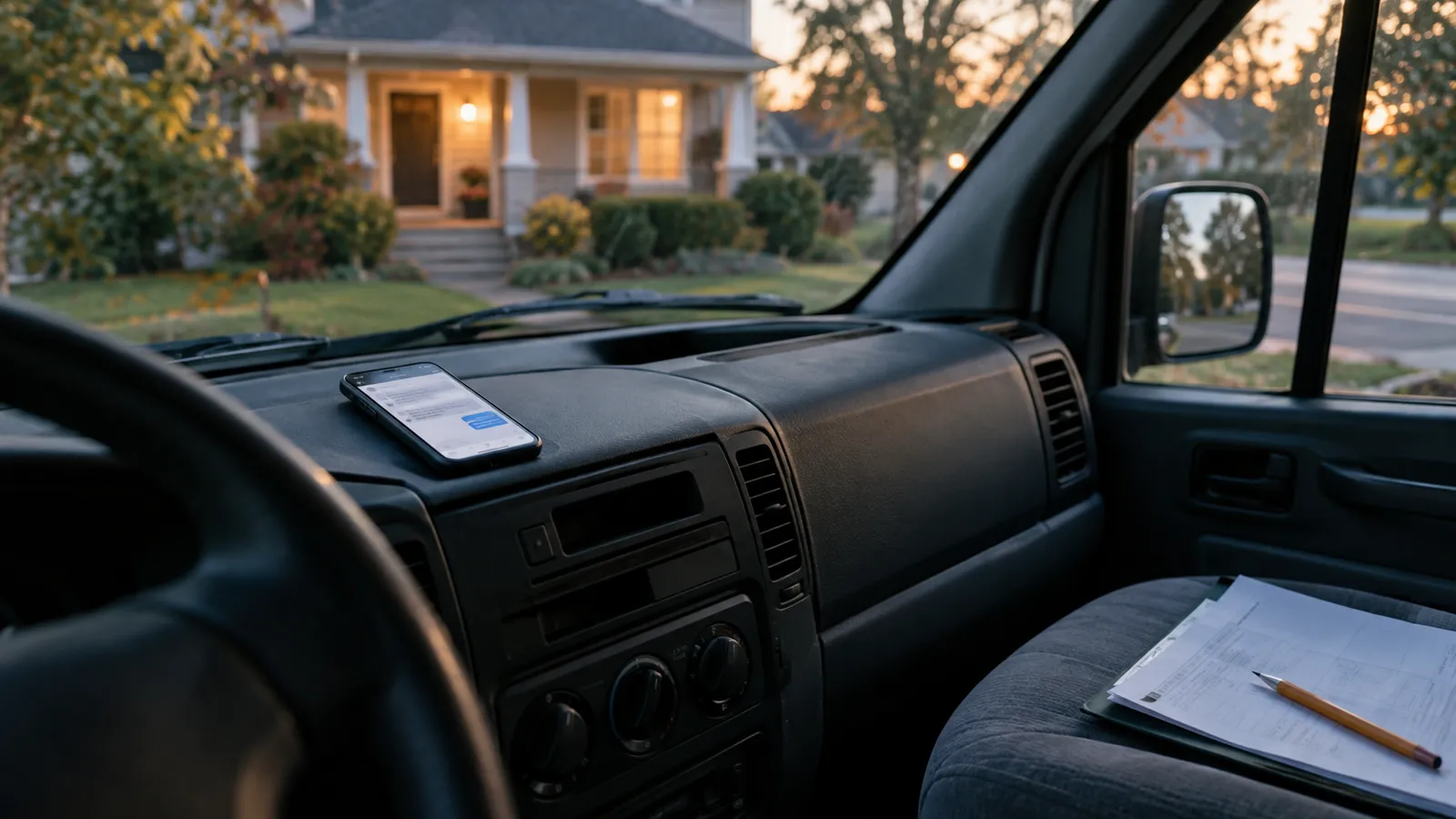 A work van parked outside a house at dusk, a phone on the dashboard showing a short unanswered text thread.