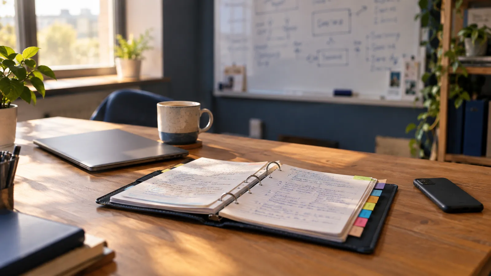 An open binder of handwritten notes on an office desk, with a phone and a laptop beside it, in warm morning light.