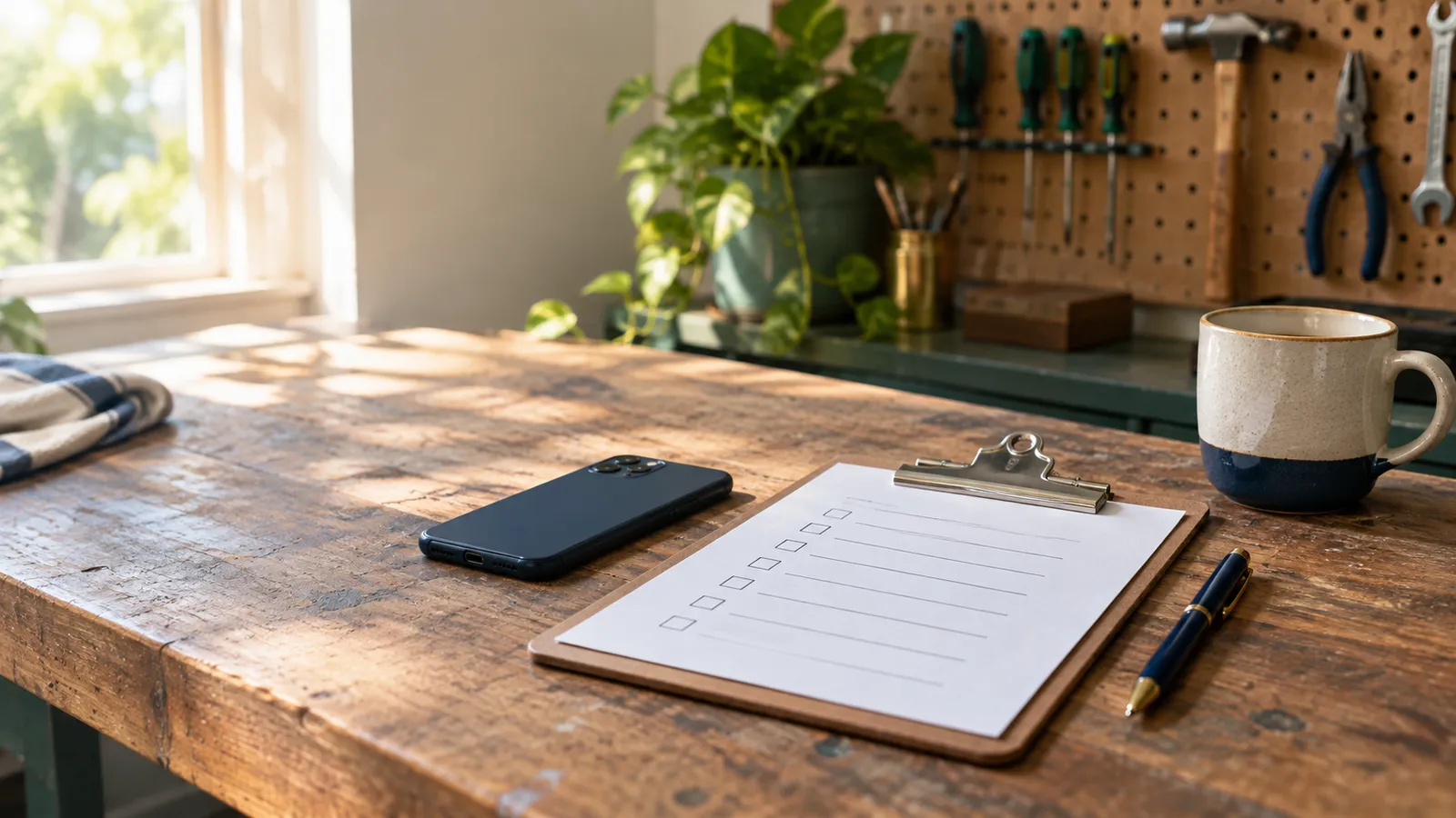 A clipboard with a printed checklist on a workshop counter beside a phone and a mug, in soft morning light.
