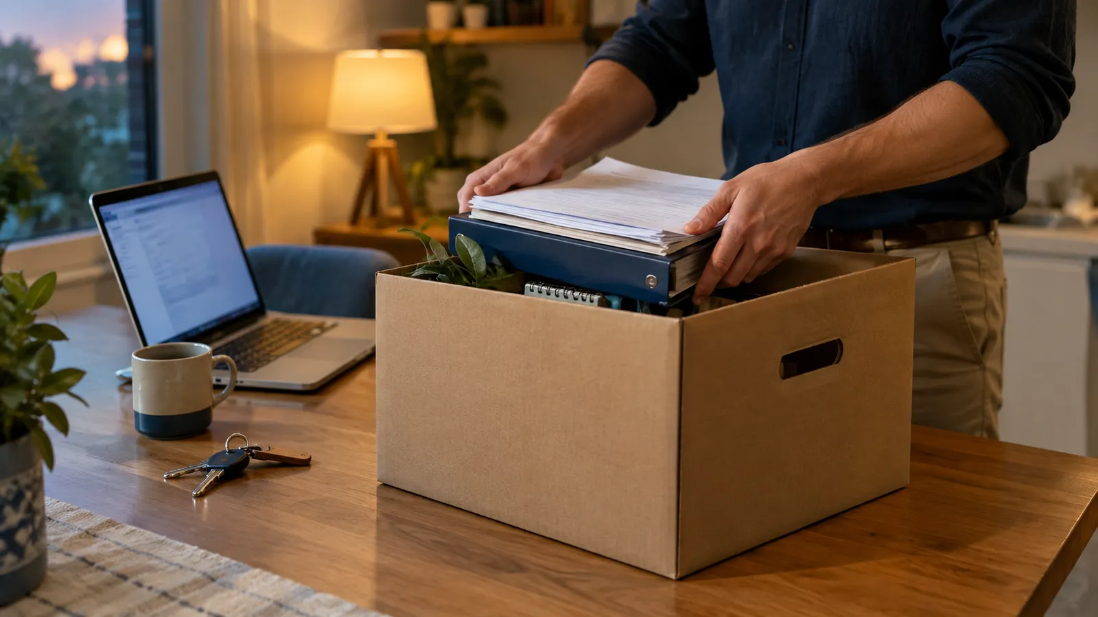 A small business owner at a kitchen table packing paper records into a moving box beside a laptop