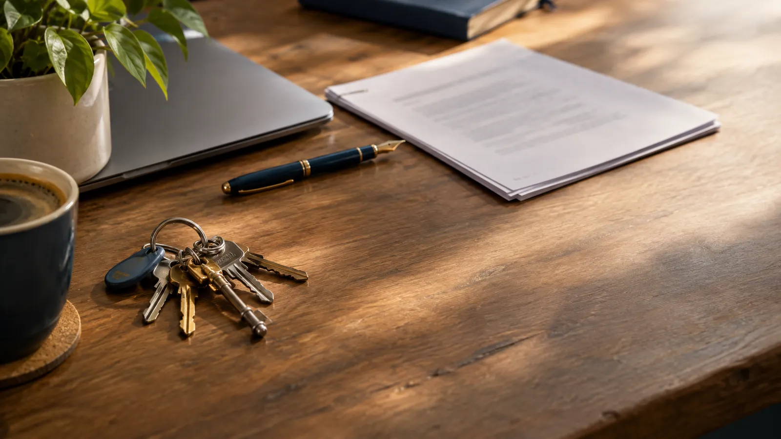 A ring of keys on a wooden desk beside a closed laptop and a signed paper contract, in soft morning light.