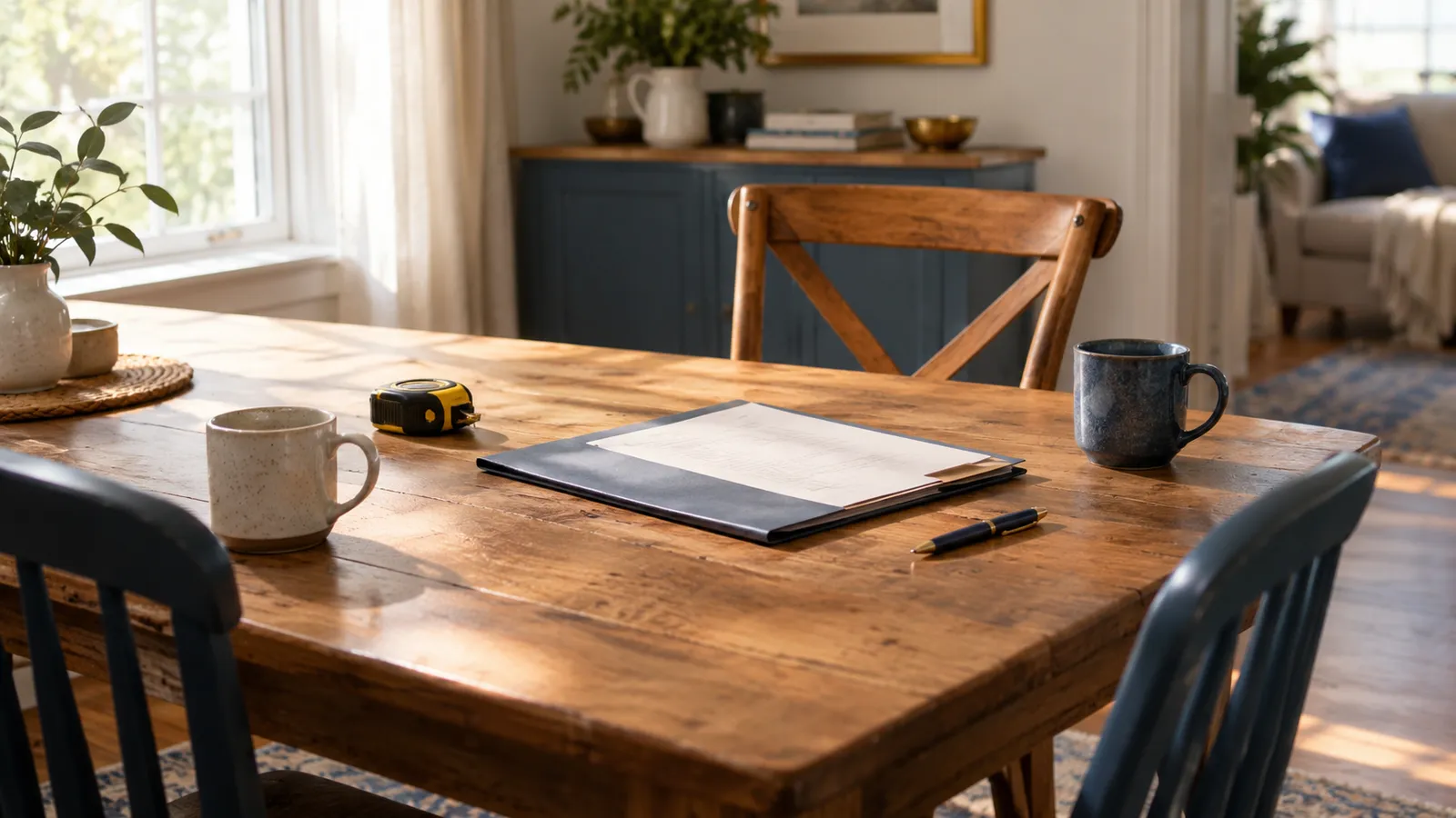 A kitchen table with a printed proposal, two coffee mugs and an empty third chair pulled out, in afternoon light.