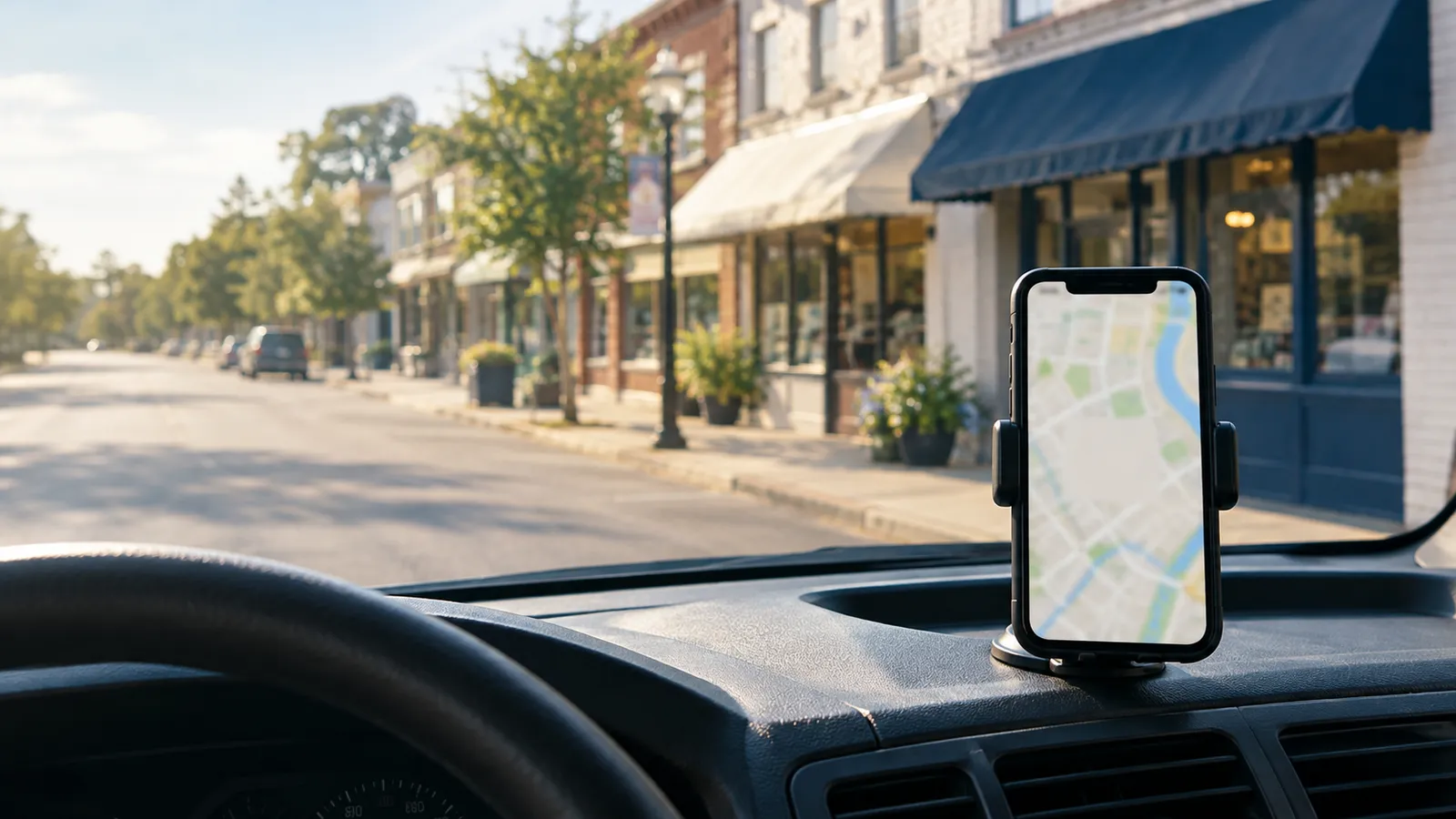 A phone on a van dashboard showing a blurred map with no pin, a street of small shops visible through the windscreen.