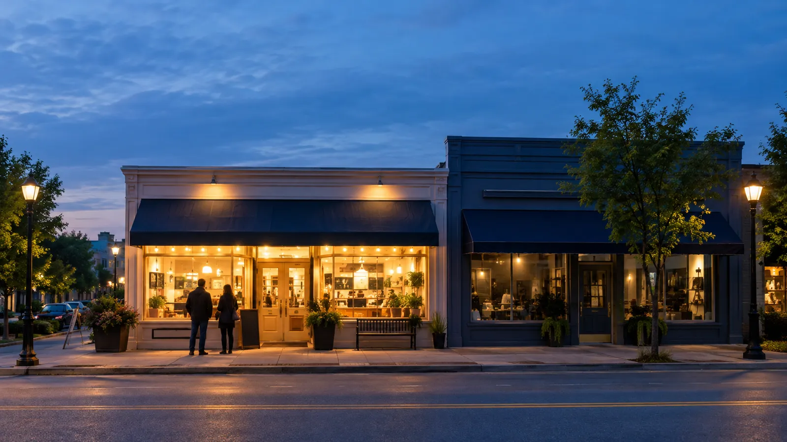 Two storefronts on the same street at dusk, one brightly lit with a queue outside, the other quiet, seen from across the road.